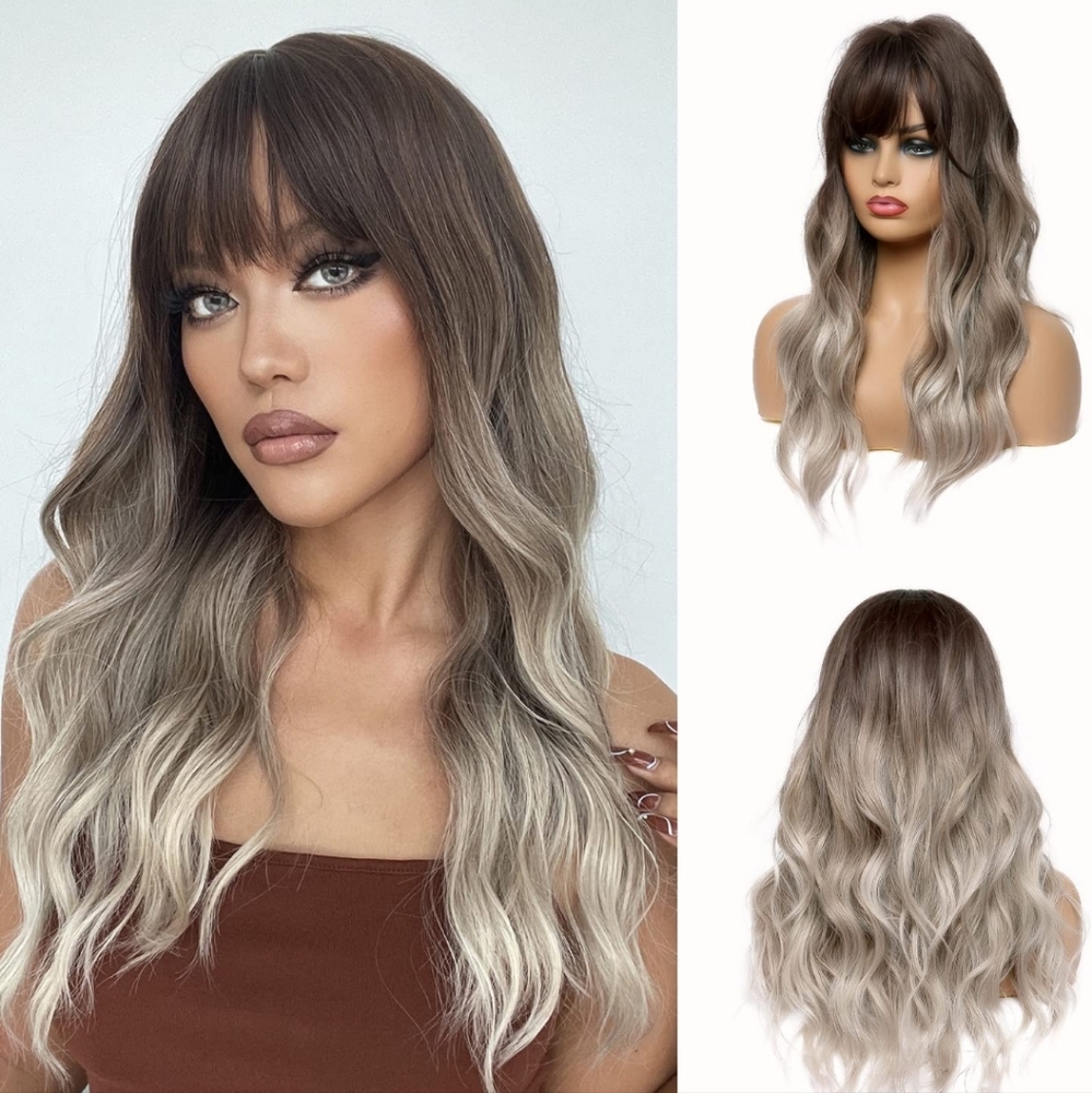 Ombre Brown to Gray Wigs 24"Long Synthetic Wig